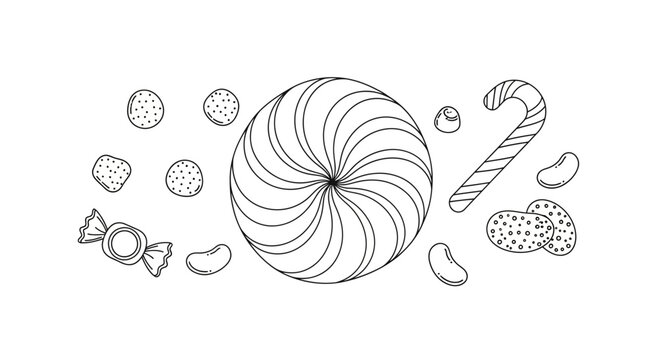 Hand drawn collection of various sweet candies and treats in black and white line art style.