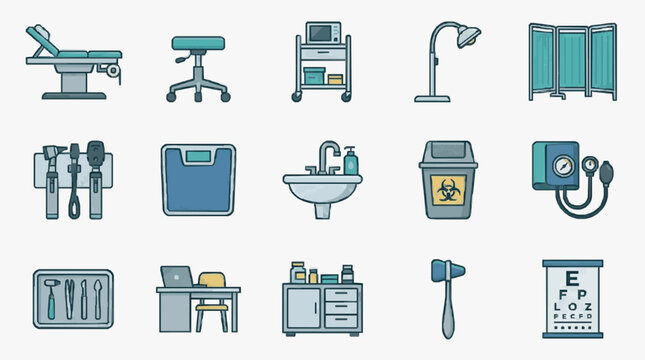 Modern Medical Clinic Icons Set with Colorful Equipment and Furniture Illustrations with high quality professional line art symbols for modern creative design and digital branding projects