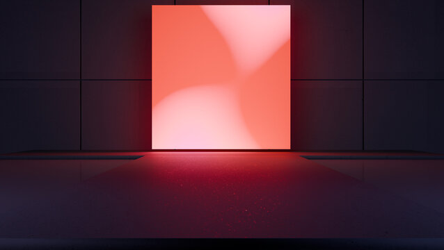 Minimalist concrete stage with glowing red square screen backdrop. 3D rendering