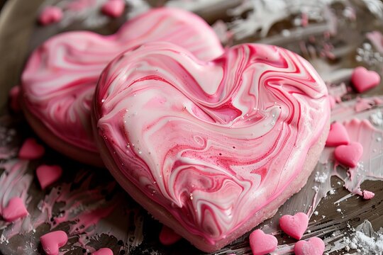 Two beautiful pink and white marbled heart shaped cookies decorated with small candy hearts for valentine's day