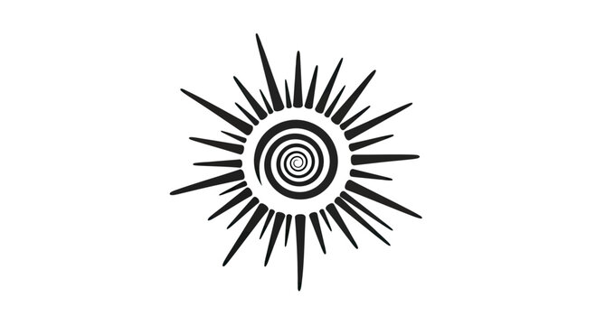 Black sunburst icon with central spiral detail.