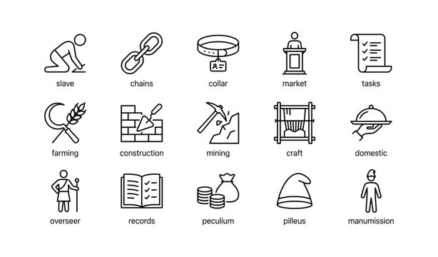 Icons representing slave labor roles and related objects