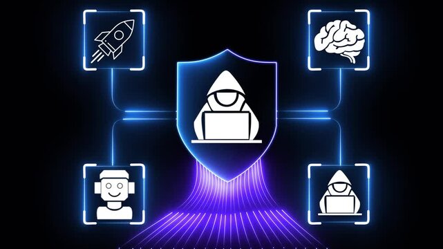 Ai agent hacker icon digital circuits and glowing particles, symbolizing advanced artificial intelligence and future technology. Multi function for Agentic AI technology