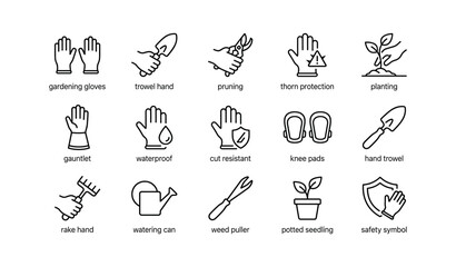 Fototapeta premium Gardening icons showing tools and protective gloves in grid