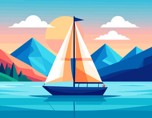 Naklejka premium Sailboat with orange and white sails floating on a calm sea against geometric mountain peaks at sunset. Flat vector illustration.