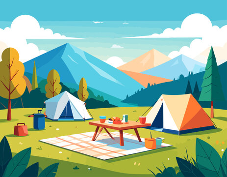 Campsite with white tents and a wooden picnic table facing beautiful blue mountain peaks. Outdoor summer vacation concept. Flat vector illustration.