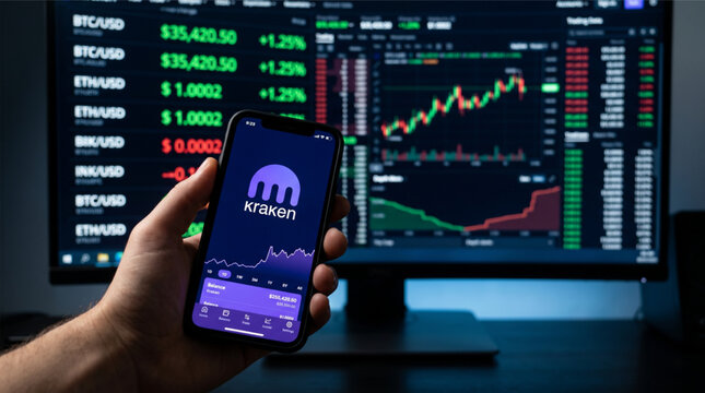 Kraken cryptocurrency exchange app logo displayed on a smartphone screen held in a hand in front of a computer monitor showing stock market trading charts and crypto price data visualizations.