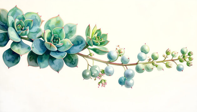 String of pearls succulent cascading trailing stems round pearl leaves delicate flowers whimsical watercolor botanical charm illustration generative AI