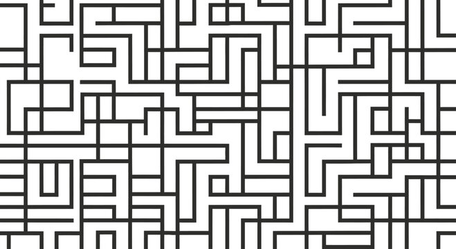 Black white geometric linear maze pattern background.