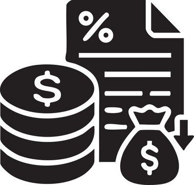 Financial document with percentage stacked coins and money bag with a downward arrow symbolizing loan payments interest rates or cost reduction