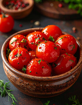 Homemade pickled tomatoes in rustic ceramic bowl, vibrant red preserved vegetables, glossy brine coating, fresh herbs and spices visible, culinary preparation scene. Close-up.