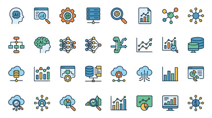 Obraz premium Data Science Line Icon Set with Editable Strokes for AI Analytics Data Mining Database Server Search Magnifier Graph Report and Network Nodes