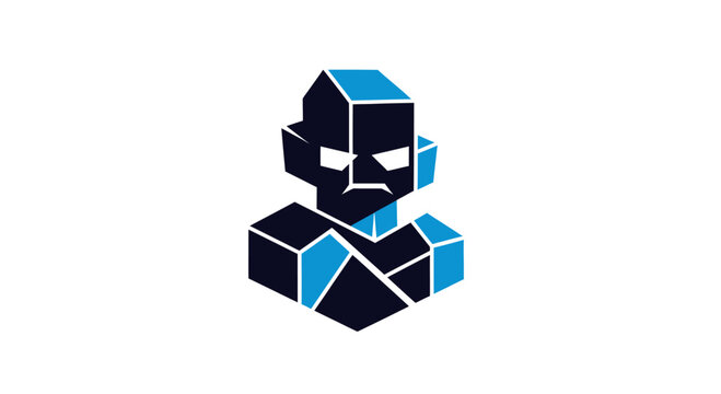Blocky isometric robot head in blue and black