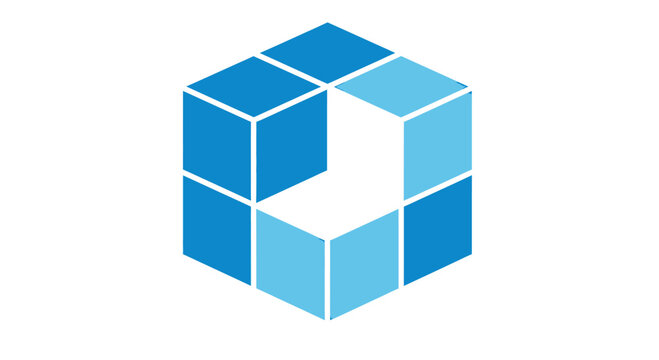Blue 3D isometric cube logo design.