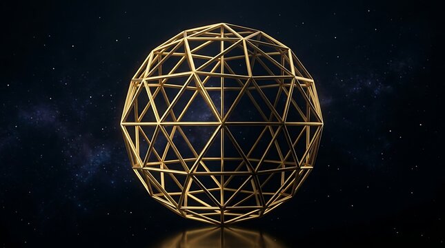 Golden geodesic sphere wireframe floating in space
