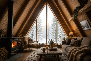Obraz premium A cozy, rustic living room with a fireplace and large windows overlooking a snowy forest.