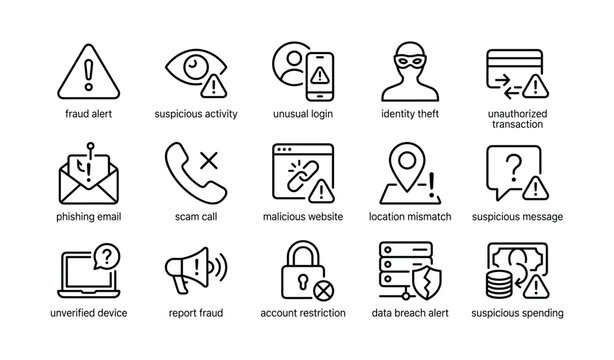 Fraud and security alert line icons arranged in grid