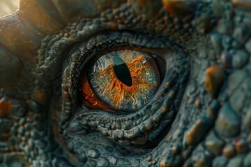 Fototapeta premium Close up of a dragon eye reflecting a fantasy landscape at sunset, showcasing intricate details and vibrant colors