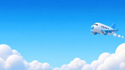 Naklejka premium 푸른 하늘을 나는 귀여운 3D 비행기 배너 이미지 Cute 3D Airplane Flying in a Blue Sky Banner Image