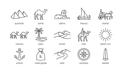 Fototapeta premium Egyptian desert travel icons arranged in grid on white background