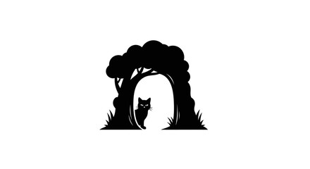 Cat stands inside a hollow tree trunk surrounded by dense forest foliage in a peaceful nature scene. © berkah