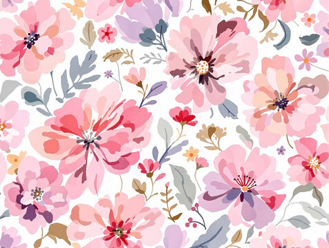 Delicate Botanical Seamless Watercolor Floral Pattern with Pastel Pink and Orange Blossoms for Luxury Fabric Prints