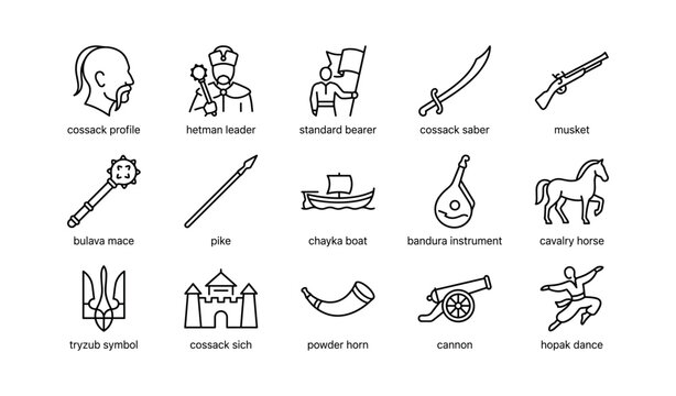 Cossack icons showing weapons and symbols on white backdrop