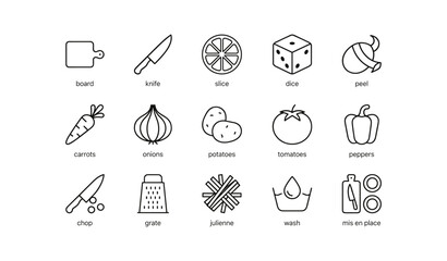 Fototapeta premium Kitchen icons showing food preparation steps on white background