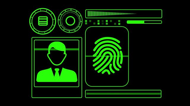 Biometric interface displays a stylized male user portrait and a unique thumbprint scan pattern in bright green neon lines against a deep black background designed for modern digital security systems.