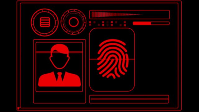 Biometric interface uses a striking red color palette to highlight a user profile and fingerprint recognition module within a sophisticated software dashboard intended for secure system.