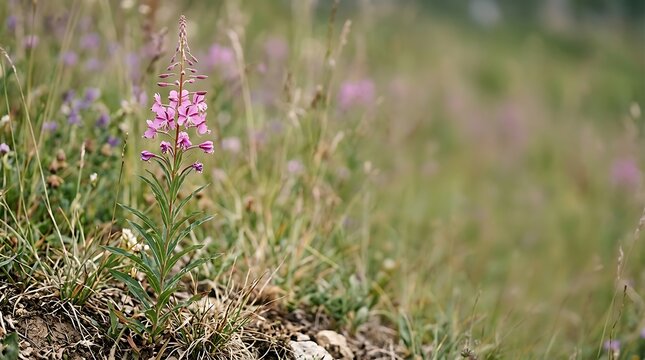 Wild blooming fireweed flower in a grassy mountain meadow