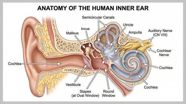 Detailed Diagram of the Anatomy of the Human Inner Ear with Labels for Medical Education