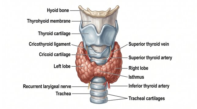 Medical illustration of human thyroid gland and larynx anatomy with labels, including cartilages, blood vessels, and nerves.