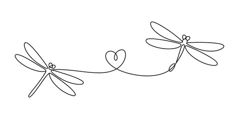 Two dragonflies flying with a heart shape in a continuous line drawing © JCS Graphic Design 