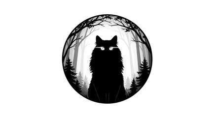 Wolf silhouette stands poised inside a circular frame surrounded by a dense coniferous forest under a dark atmosphere. © berkah