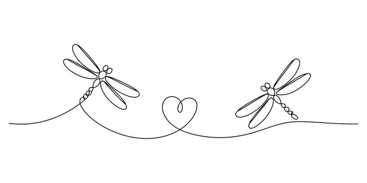Two dragonflies flying with a heart shape in a continuous line drawing