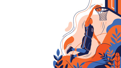Basketball Slam Dunk: Player in Blue Jersey Leaping to Dunk the Ball into the Hoop (Dynamic Orange-Blue Illustration) © Kyle