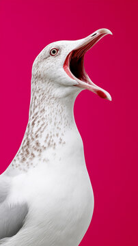 Seagull with its beak open on a pastel pink background, vertical portrait featuring playful expression, minimalist style and vibrant studio photography