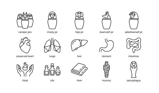 Egyptian funerary and mummification icons arranged on white background