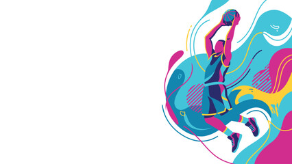 Basketball Player Jumping with Ball — Dynamic Vector Dunk Illustration in a Colorful Abstract Background © Kyle