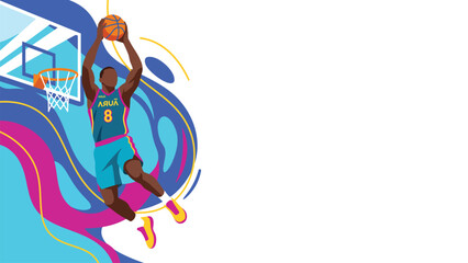 Basketball player dunking toward the hoop in a vibrant abstract vector illustration © Kyle