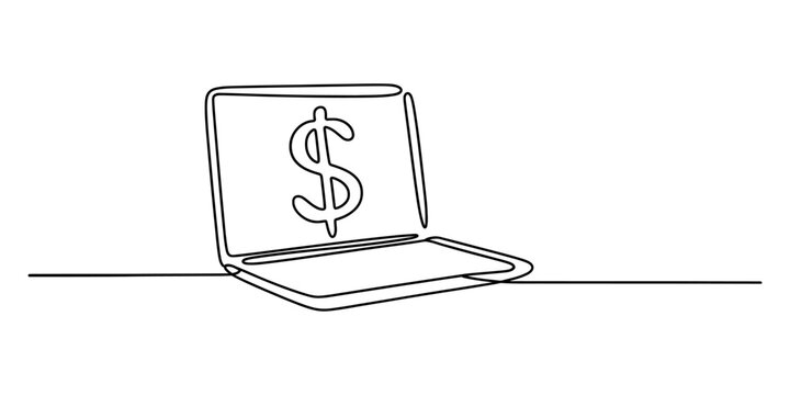 Laptop computer with dollar sign symbol in one continuous line drawing