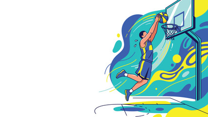 Basketball Player Dunking to the Rim in a Dynamic Blue and Yellow Abstract Illustration © Kyle