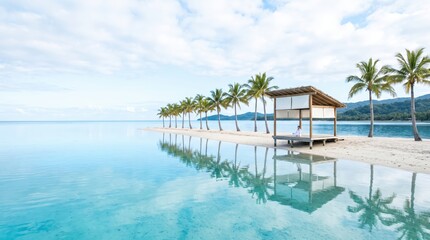 A serene beach scene with a modern house overlooking calm waters and lush greenery on a sunny day with white sand.