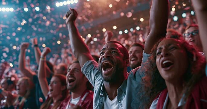 Happy concert crowd cheering at live music festival with lights