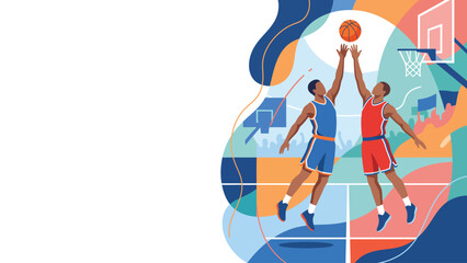Two basketball players leap mid-air to score on a vibrant color-blocked court with a visible hoop © Kyle