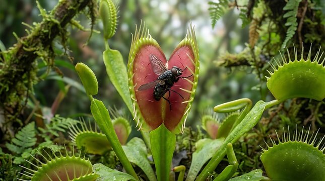 House fly landing on a venus flytrap in a lush forest