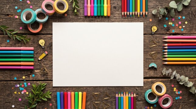 Colorful art supplies surround blank white paper on wooden table