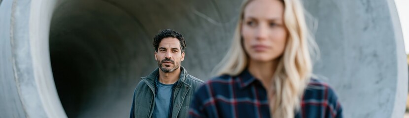 Fototapeta premium Portrait of a man with a blurred woman in the foreground at a concrete pipe tunnel for teamwork banner and website header