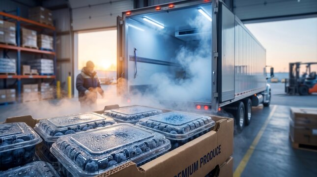 Fresh blueberries in retail clamshell containers ready for refrigerated cold chain transportation
